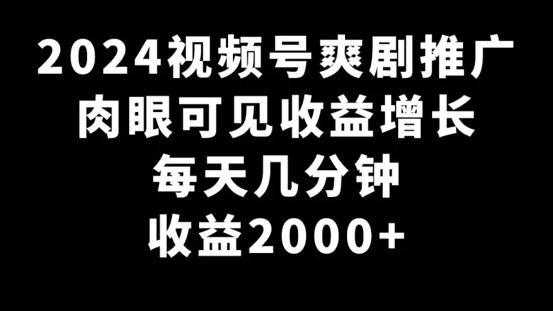 2024视频号爽剧推广,肉眼可见的收益增长,每天几分钟收益2000+-创业项目网