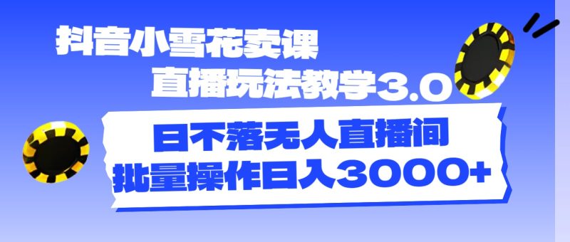 抖音小雪花卖课直播玩法教学3.0,日不落无人直播间,批量操作日入3000+-创业项目网