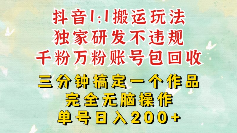 抖音1:1搬运独创顶级玩法!三分钟一条作品!单号每天稳定200+收益,千粉万粉账号包回收-创业项目网