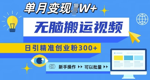 无脑搬运视频号可批量复制，新手即可操作，日引精准创业粉300+，月变现过W-创业项目网