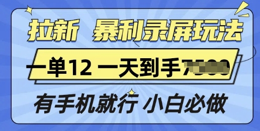 拉新暴利录屏玩法，一单12块，有手机就行，小白必做-创业项目网