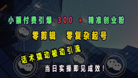 小额付费引爆 300 + 精准创业粉，零剪辑、零复杂起号，话术撬动被动引流，当日实操即见成效-创业项目网