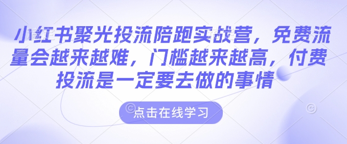 小红书聚光投流陪跑实战营，免费流量会越来越难，门槛越来越高，付费投流是一定要去做的事情-创业项目网
