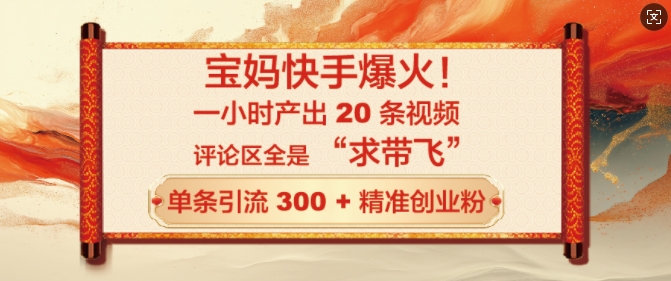宝妈快手爆火，一小时产出 20 条视频，评论区全是 “求带飞”，单条引流 300 + 精准创业粉-创业项目网