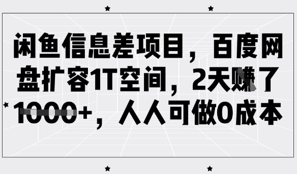 闲鱼信息差项目，百度网盘扩容1T空间，2天收益1k+，人人可做0成本-创业项目网