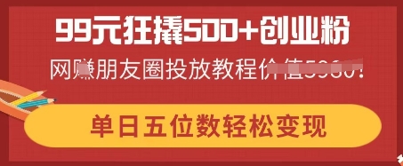 99元狂撬500+创业粉，单日五位数轻松变现，网创朋友圈投放教程-创业项目网