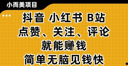 小而美的项目，抖音小红书B站视频点赞、关注、评论就能挣钱，简单无脑立见收益，妥妥的零撸项目-创业项目网