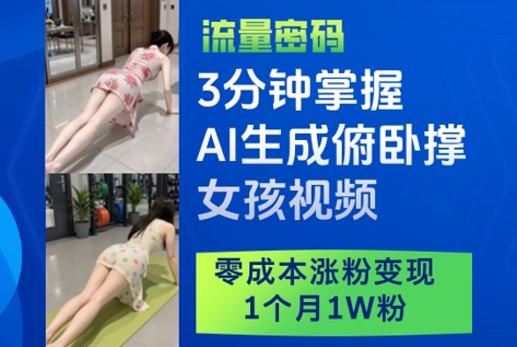 3分钟掌握AI生成俯卧撑女孩视频，零成本涨粉变现，1个月1W粉-创业项目网