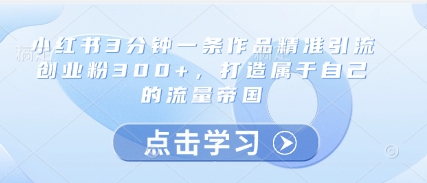 小红书3分钟一条作品精准引流创业粉300+，打造属于自己的流量帝国-创业项目网