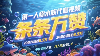 第一人称水族代言视频，条条万赞，20条作品涨粉7.8W，多种变现方式月入五位数-创业项目网