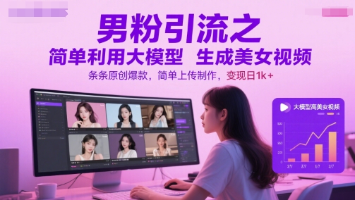男粉引流之简单利用大模型生成美女视频，条条原创爆款，简单上传制作，变现日1000+-创业项目网