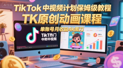 TikTok中视频计划保姆级教程，TK原创动画课程，单账号月收益4k美刀-创业项目网