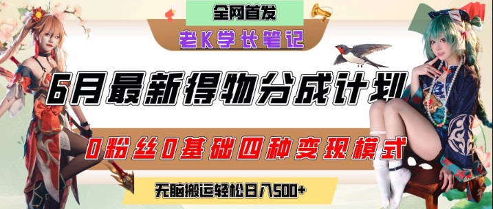 6月份最新得物创作者分成计划2.0玩法，0粉丝0基础四种模式变现，从隐蔽渠道无脑搬运，日入200+-创业项目网