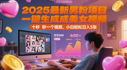 2025最新男粉项目，一键生成美女视频，日引600+色粉 十秒一个视频，小白轻松日入500+-创业项目网
