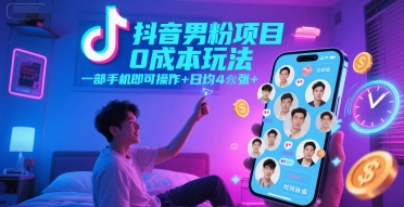 抖音男粉项目0成本玩法，一部手机即可操作，日均400+，时间自由-创业项目网