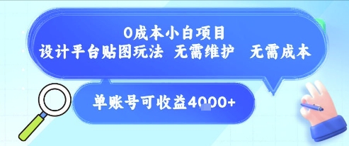 0成本小白项目，设计平台贴图玩法，无需维护，无需成本，单账号单月可产生收益4k+-创业项目网