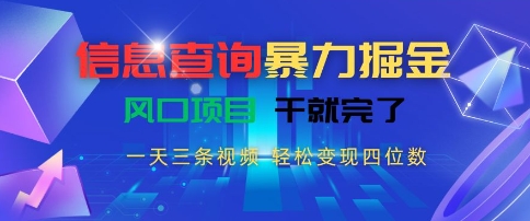 信息查询暴力掘金，一天三条视频，轻松变现四位数，风口项目干就完了-创业项目网