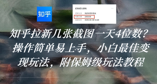 知乎拉新几张截图一天4位数？操作简单易上手，小白最佳变现玩法，附保姆级玩法教程-创业项目网