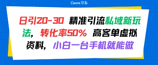 日引 20-30 精准引流私域新玩法，转化率50% 高客单虚拟资料，小白一台手机就能做-创业项目网