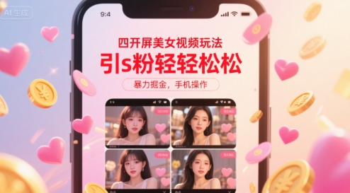 四开屏美女视频玩法，引s粉轻轻松松，暴力掘金，手机操作-创业项目网