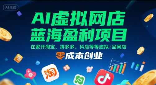 AI虚拟网店蓝海盈利项目，在家开淘宝、拼多多、抖店等虚拟品网店，零成本创业-创业项目网