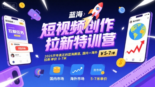 短视频创作拉新特训营，2025开年真正的蓝海赛道，国内+海外，拉新单价5-7米-创业项目网