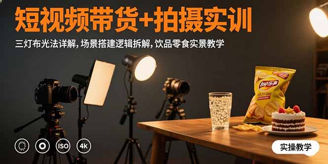 短视频带货+拍摄实训：三灯布光法详解,场景搭建逻辑拆解,饮品零食实景教学-创业项目网