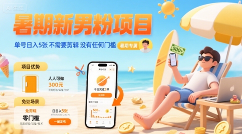 暑期新男粉项目 单号日入500+ 不需要剪辑 没有任何门槛-创业项目网