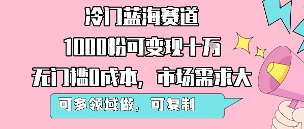 冷门蓝海赛道，1000粉可变现十W，无门槛0成本，市场需求大，可多领域做，可复制性强-创业项目网