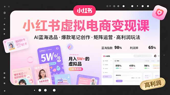 小红书虚拟电商变现课，AI蓝海选品，爆款笔记创作，矩阵运营，高利润玩法-创业项目网