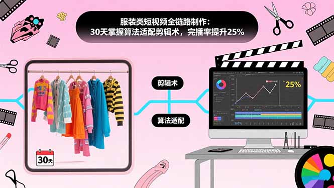 服装类短视频全链路制作：30天掌握算法适配剪辑术，完播率提升25%-创业项目网