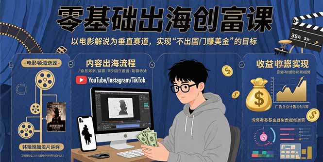 零基础出海创富课：以电影解说为垂直赛道，实现不出国门赚美金的目标-创业项目网