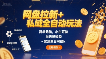 网盘拉新+私域全自动玩法，简单无脑，小白可做，当天见收益，实测单日收益1000+-创业项目网
