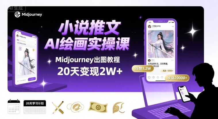 小说推文干货分享之AI绘画MJ出图实操课，用Midjourney做小说推文，20天挣2w-创业项目网