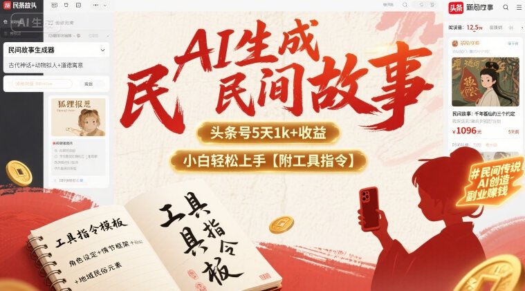 AI生成民间故事，头条号5天1k+，小白轻松上手【附工具指令】-创业项目网