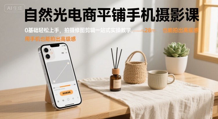 自然光电商平铺手机摄影课，0基础轻松上手，拍摄修图剪辑一站式实操教学，用手机也能拍出高级感-创业项目网