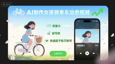 AI制作女孩骑单车治愈视频，流量大，起号快，快速起千粉万粉号-创业项目网