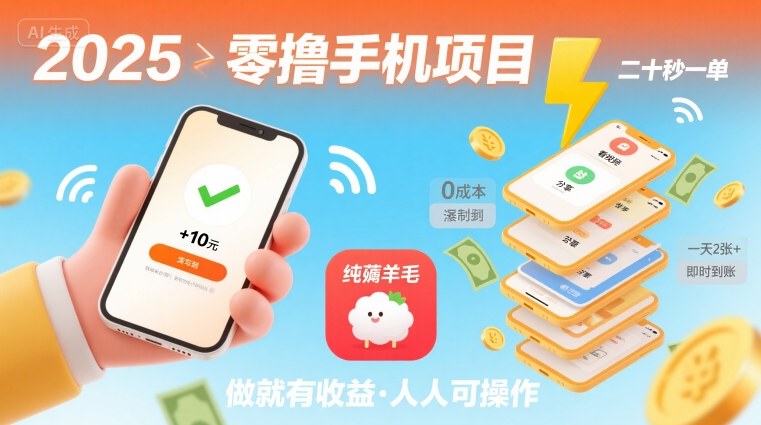 2025年零撸手机项目，二十秒一单，纯薅羊毛 一天2张+做就有-创业项目网