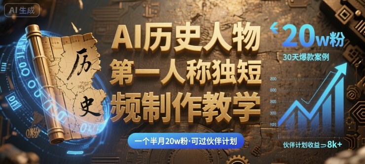 最新AI历史人物第一人称独白短视频制作教学，一个半月20w粉，可过伙伴计划-创业项目网