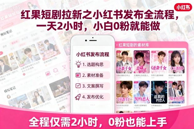 红果短剧拉新之小红书发布全流程，一天2小时，小白0粉就能做-创业项目网