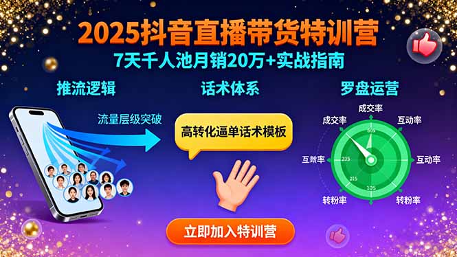 2025抖音直播带货特训：推流逻辑、话术体系、罗盘运营,7天千人池月销20万+-创业项目网