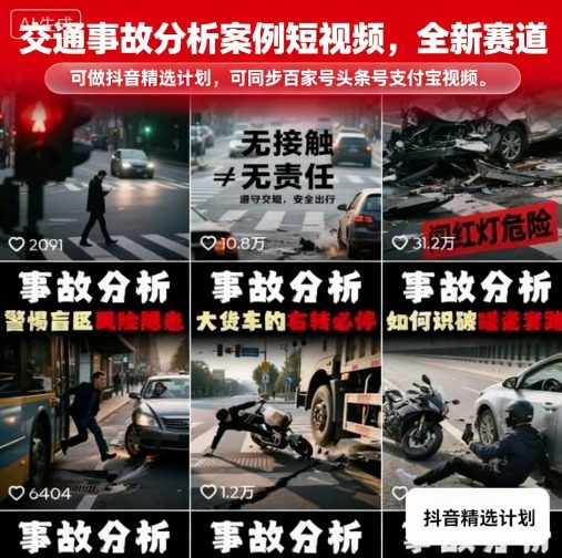 交通事故分析案例短视频，全新赛道，可做抖音精选计划，可同步百家号头条号支付宝视频号平台-创业项目网