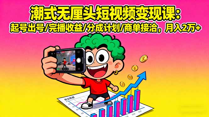 潮式无厘头短视频变现课：起号出号/完播收益/分成计划/商单接洽，月入2万+-创业项目网