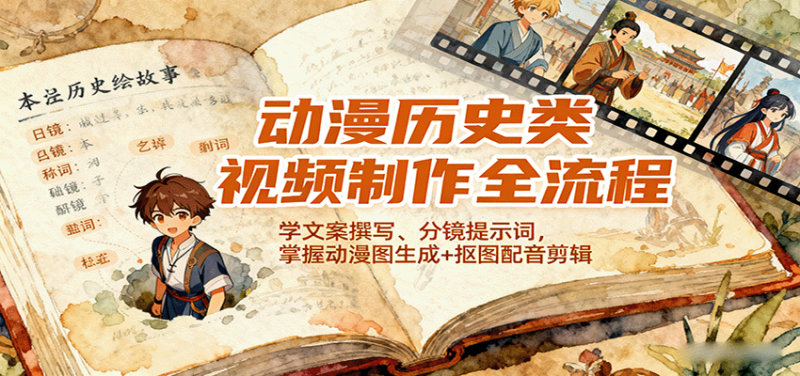 动漫历史类视频制作全流程,学文案撰写、分镜提示词,掌握动漫图生成+抠图配音剪辑-创业项目网