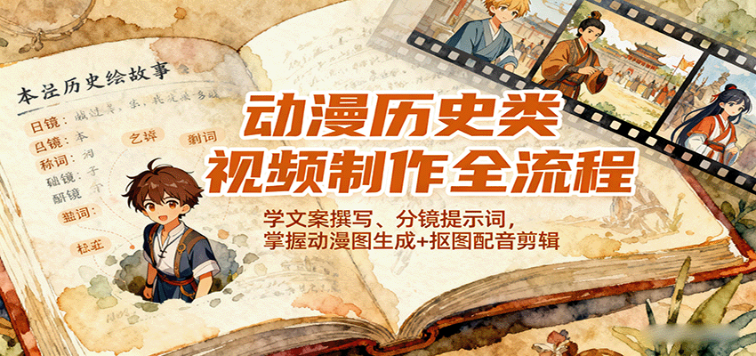 动漫历史类视频制作全流程，学文案撰写、分镜提示词，掌握动漫图生成+抠图配音剪辑-创业项目网