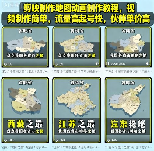 地理科普账号搭建与变现，剪映制作地图动画教程，视频制作简单，流量高起号快，伙伴单价高-创业项目网