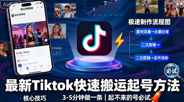 最新Tiktok快速搬运快速起号方法，3-5分钟做一条，起不来的号可以试试-创业项目网
