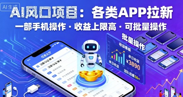 AI风口项目，各类APP拉新，一部手机就可以操作，收益上限高，可批量操作-创业项目网