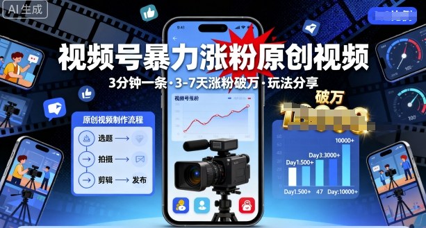 视频号暴力涨粉原创视频，3分钟一条原创视频，3-7天涨粉破万，玩法分享给你-创业项目网