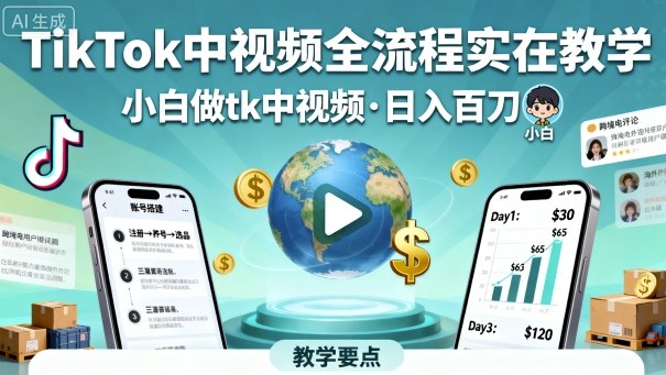 TikTok中视频全流程实操教学，小白做tk中视频，日入百刀-创业项目网